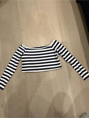 Zara Navy and White Striped Long Sleeve Crop Top